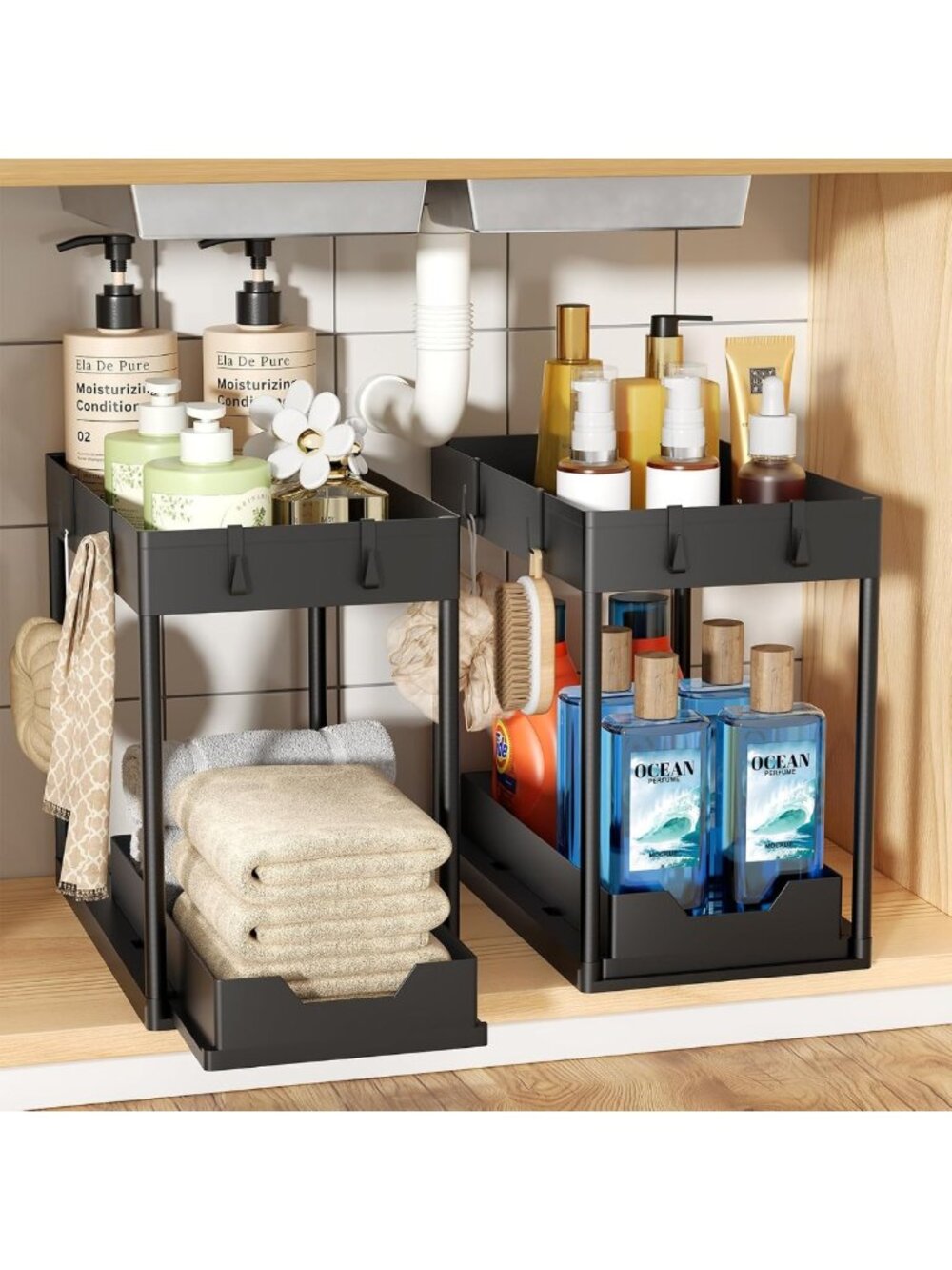 2-Pack 2-Tier Under Sink Organizers with Sliding Drawer - Black Storage Solution